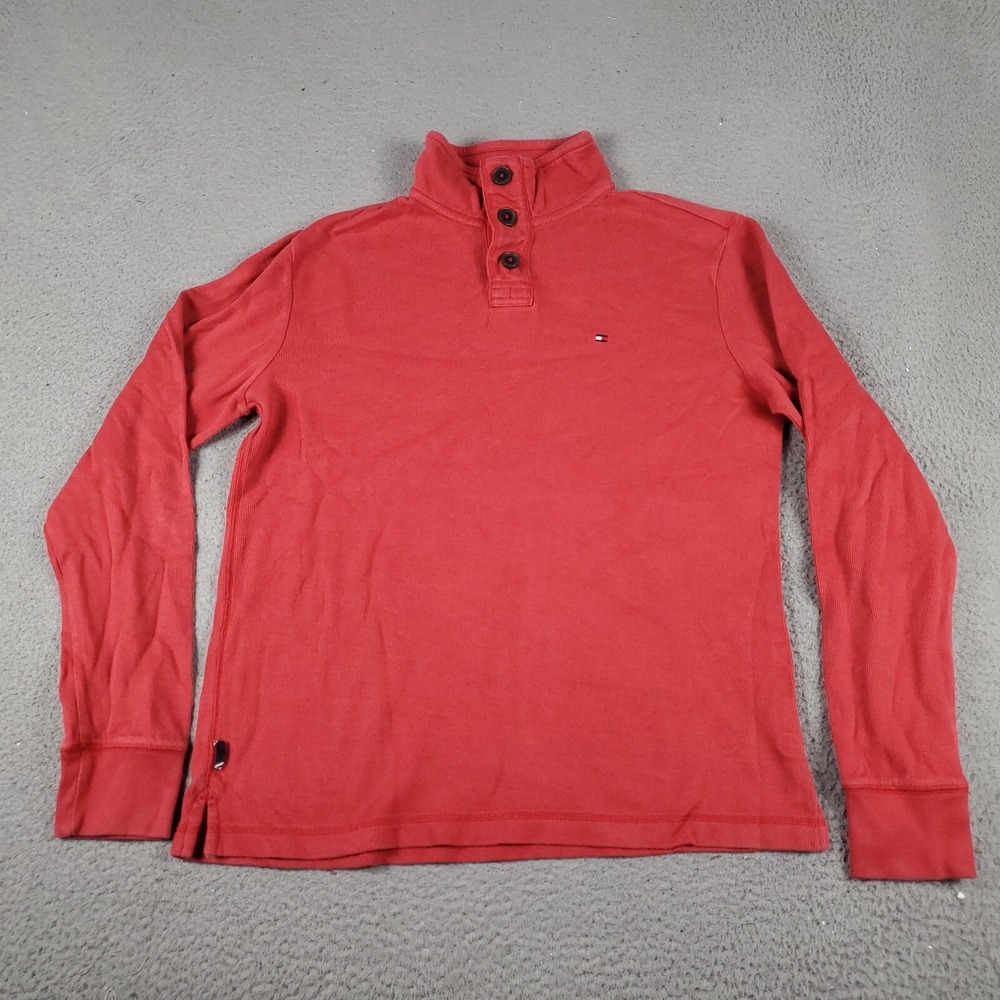 Tommy Hilfiger Mens Red Ribbed Mock Neck Button Pullover Sweater Medium